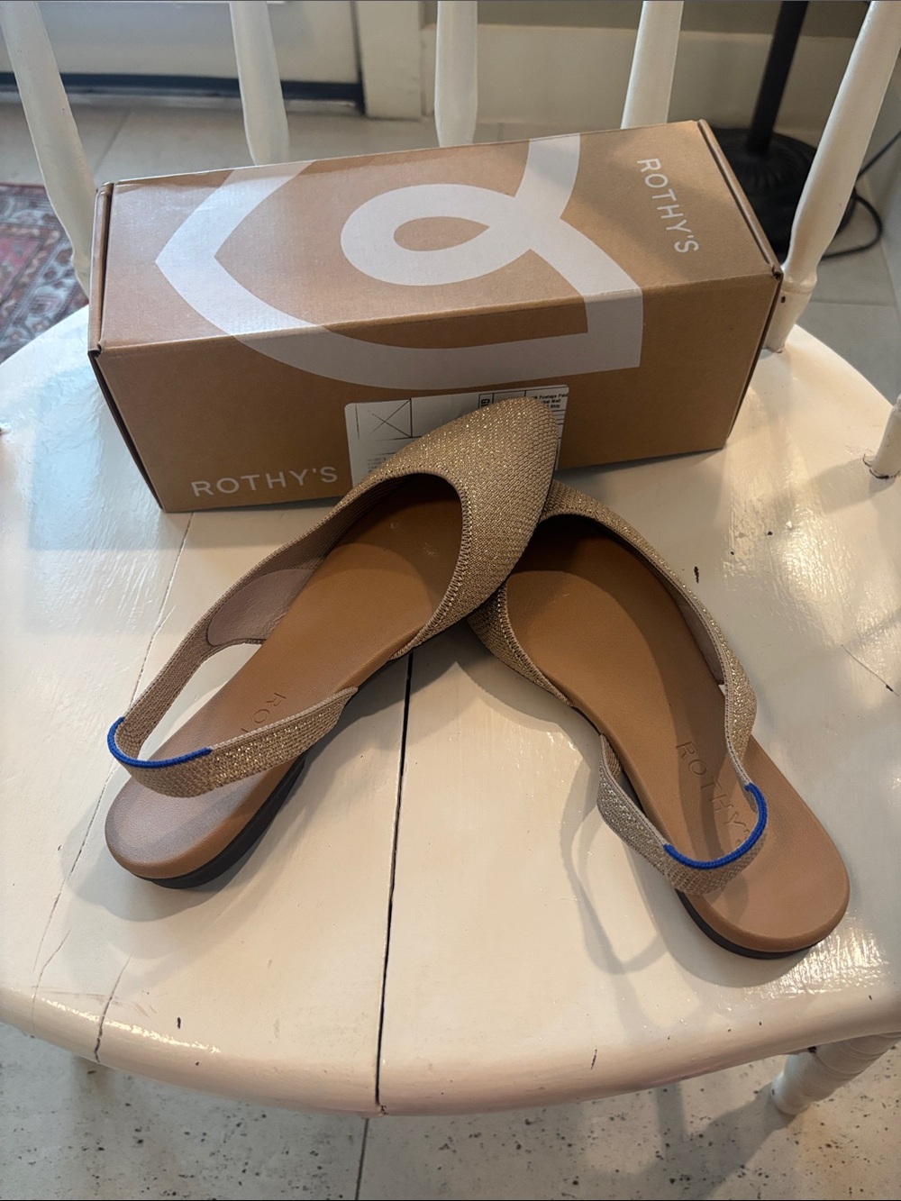 Rothy's Beige Slingback Mules with Blue Trim